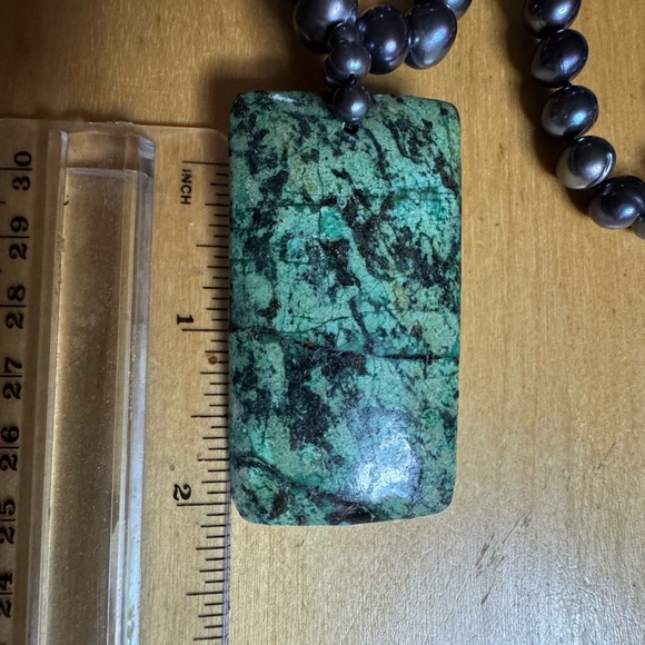 Black Freshwater Pearl and African Turquoise Necklace - Picture 3 of 3